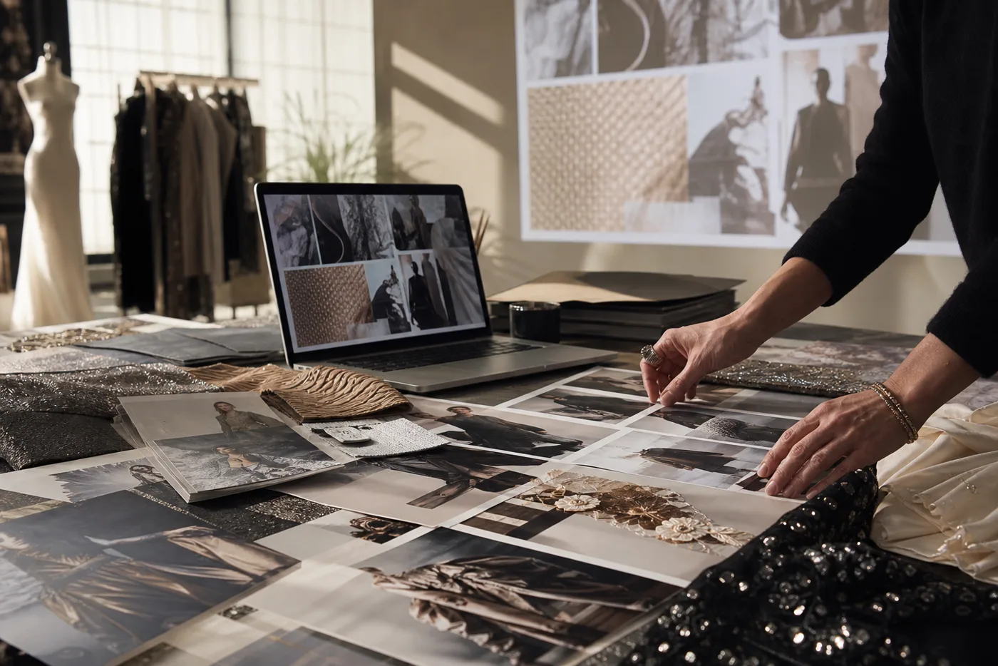 Studio creativo con moodboard digitali e workflow per brand fashion
