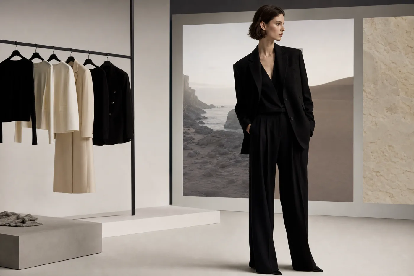 Lookbook digitale con styling essenziale, capi su rail e pannelli visuali