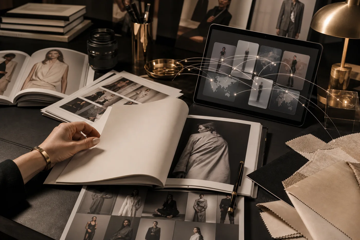 Flusso editoriale digitale con magazine, contenuti fashion e distribuzione media