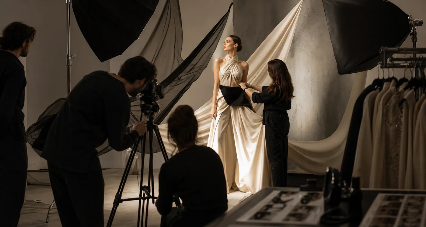 Set di produzione moda con modella, stylist e fotografo